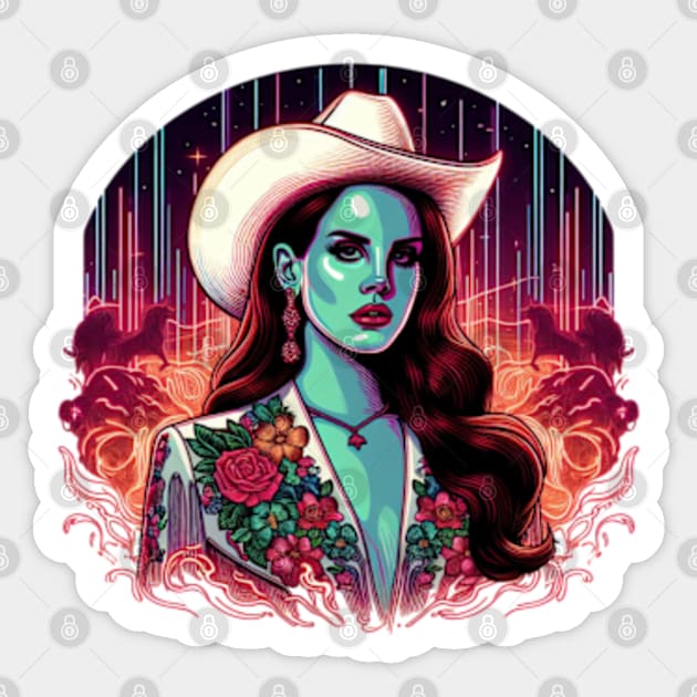 Neon Cowgirl Dreams: Lana Del Rey in Psychedelic Desert Nights Sticker by Tiger Mountain Design Co.